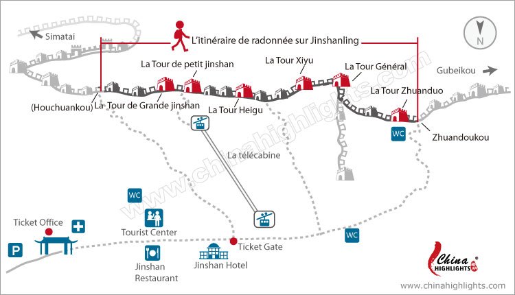 Plan de l'itinéraire de la randonnée de la Grande Muraille de Simatai-Ouest à Jinshanling