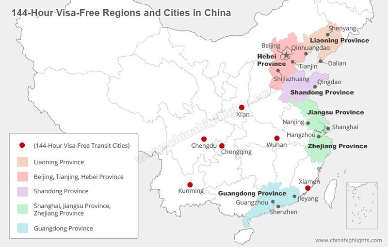 Escale en Chine 144 heures sans visa region et villes