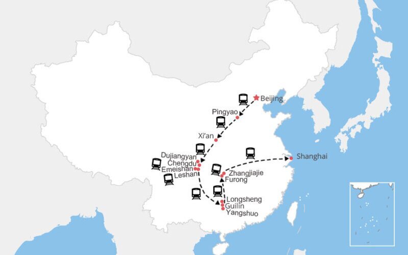 Carte Beijing Xi'an Chengdu Mont Emei Leshan Guilin Zhangjiajie Shanghai