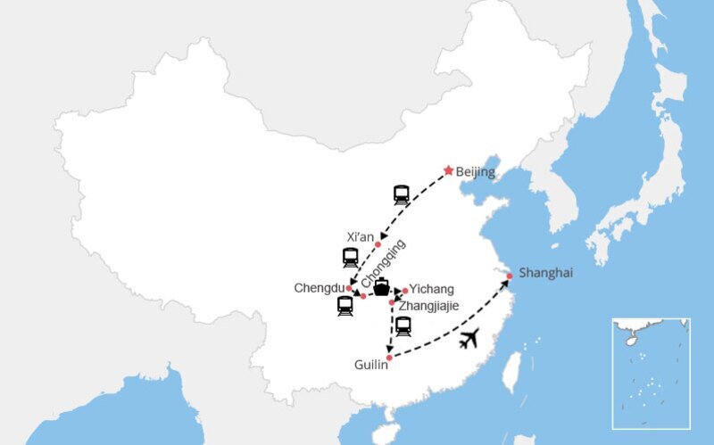 Carte Beijing Xi'an Chengdu Chongqing Yichang Guilin Zhangjiajie Shanghai
