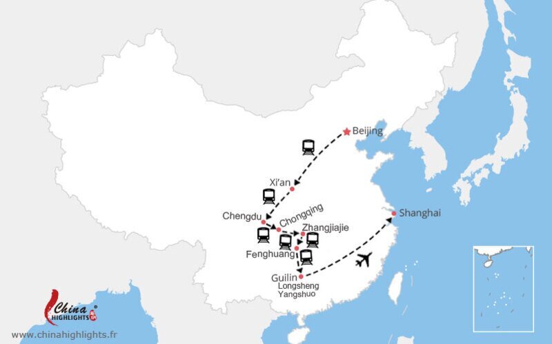 Carte Beijing Xi'an Chengdu Chongqing Zhangjiajie Fenghuang Guilin Longsheng Yangshuo Shanghai