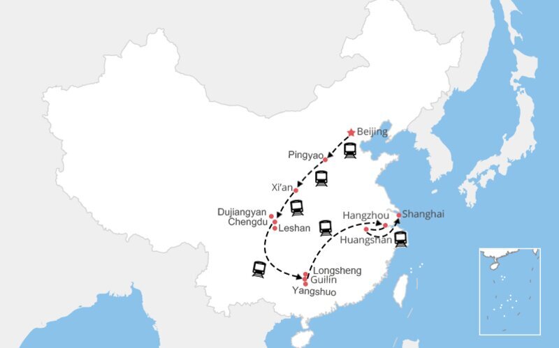 Carte Beijing Xi'an Chengdu Leshan Guilin Hangzhou Huangshan Shanghai